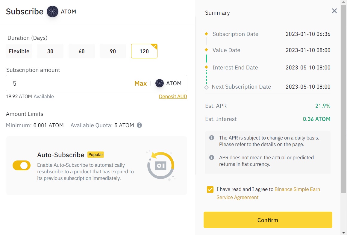 ATOM staking subscriptions on Binance