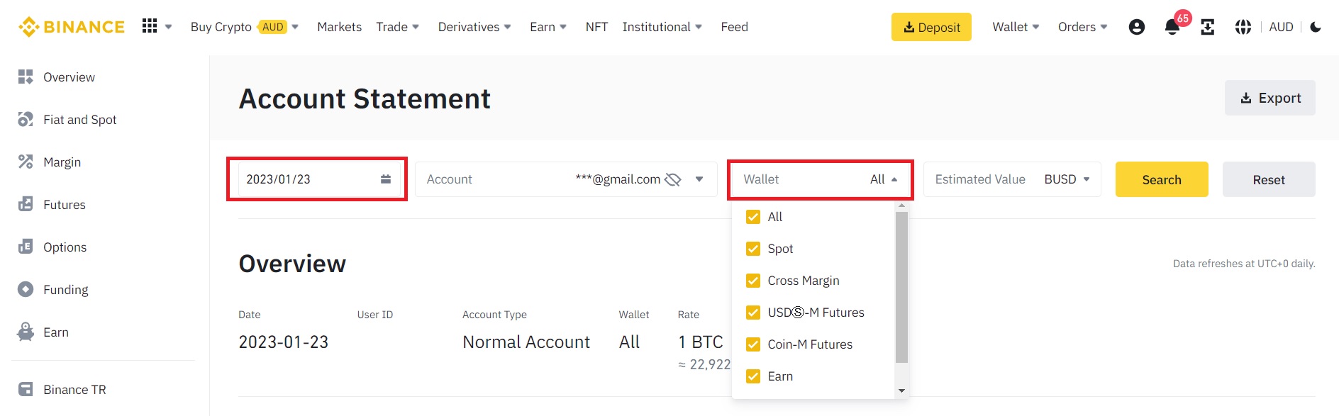 Account statement summary on Binance