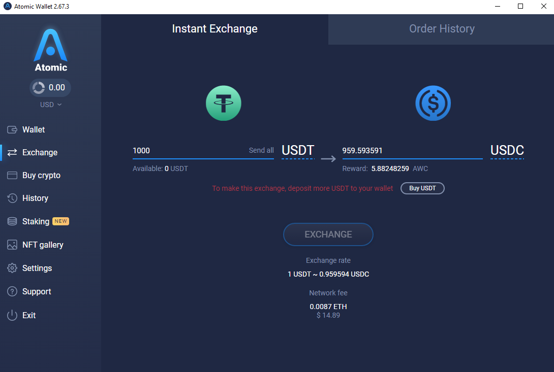 Atomic wallet instant exchange