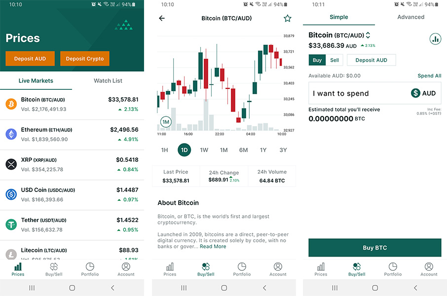 BTC Markets mobile app screenshots