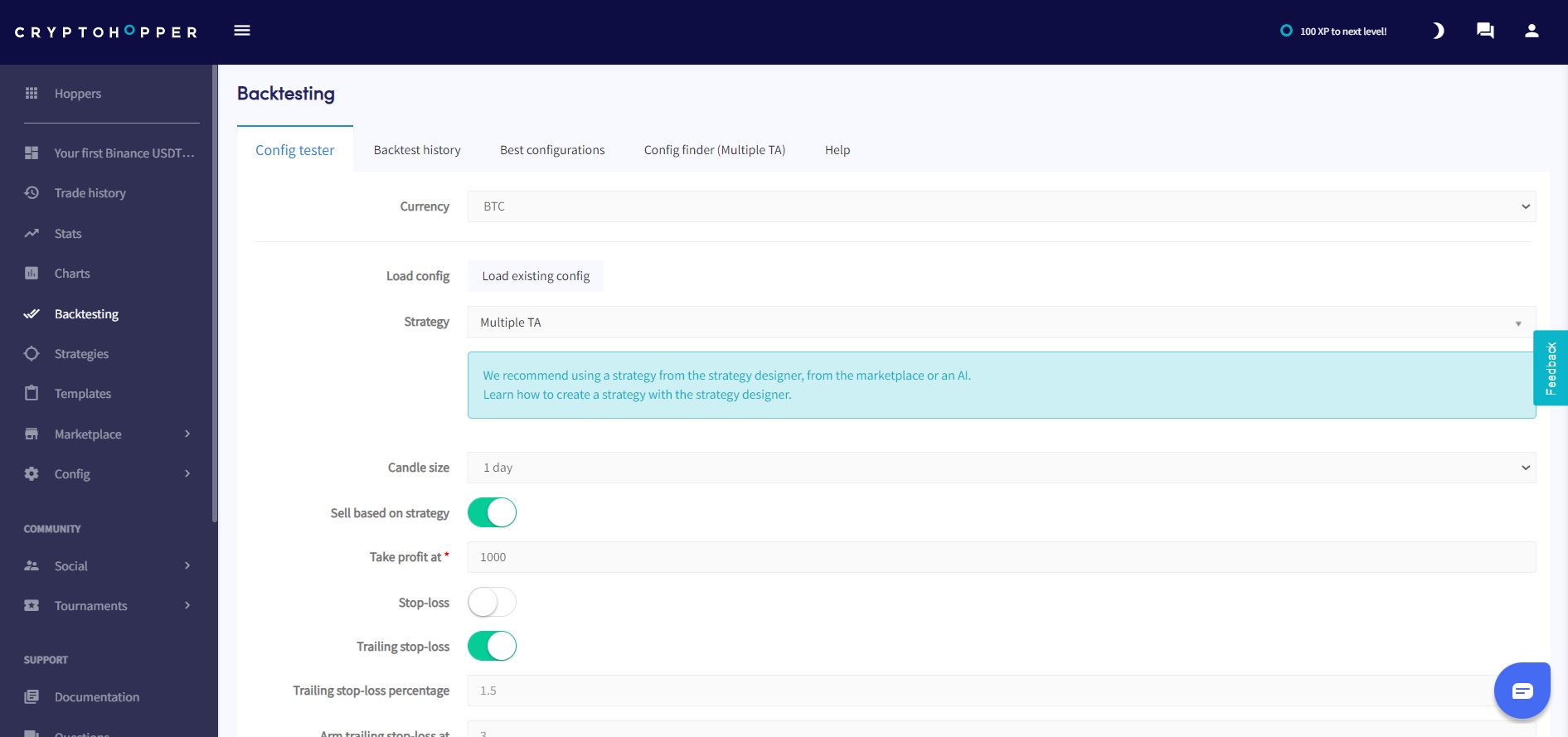 Backtesting strategies on Cryptohopper