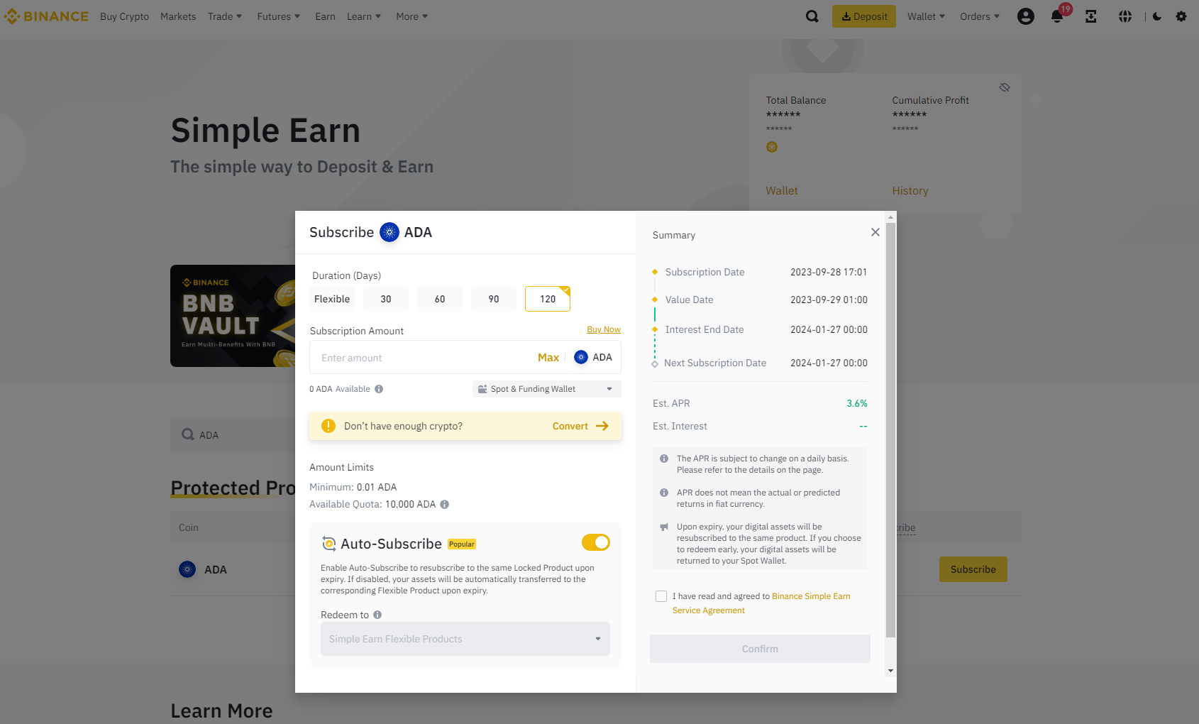 Binance ADA Staking rewards