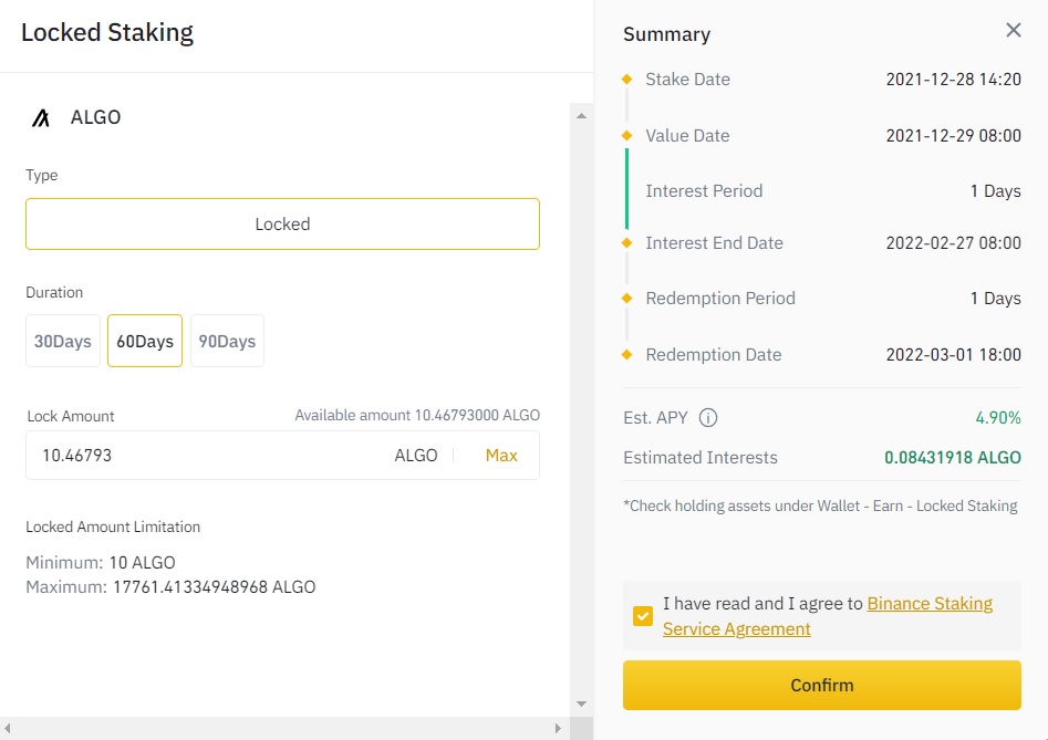 Locked ALGO staking on Binance