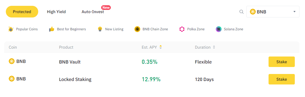 Staking BNB options on Binance exchange