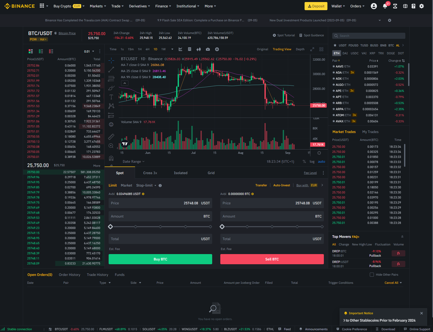 Binance Trading interface screenshot