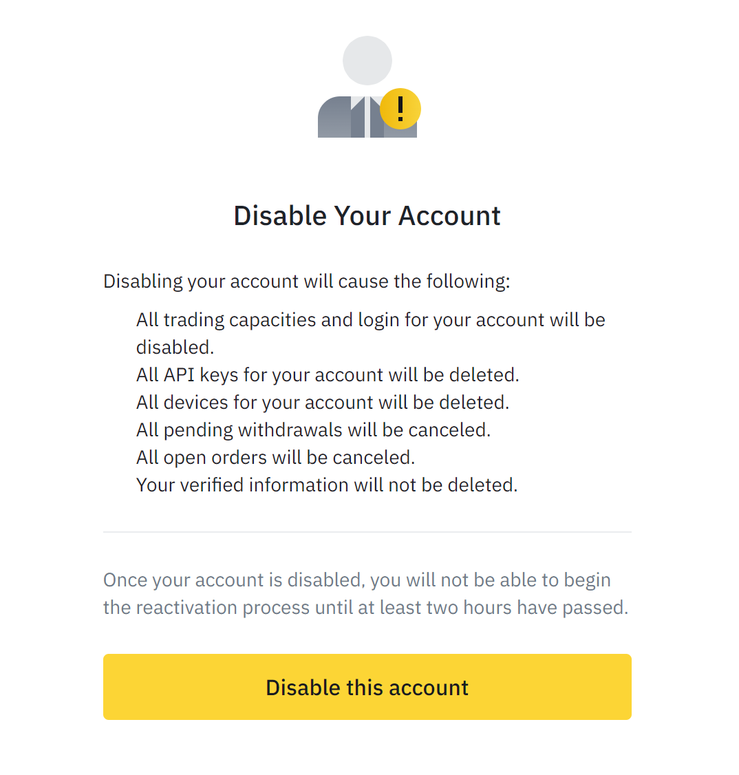 Binance account disable confirmation