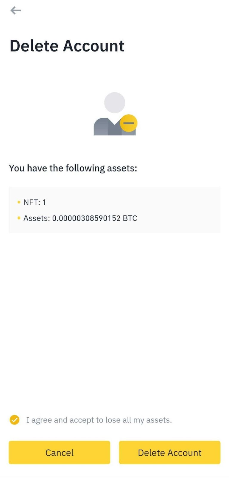 Binance app delete confirmation screen