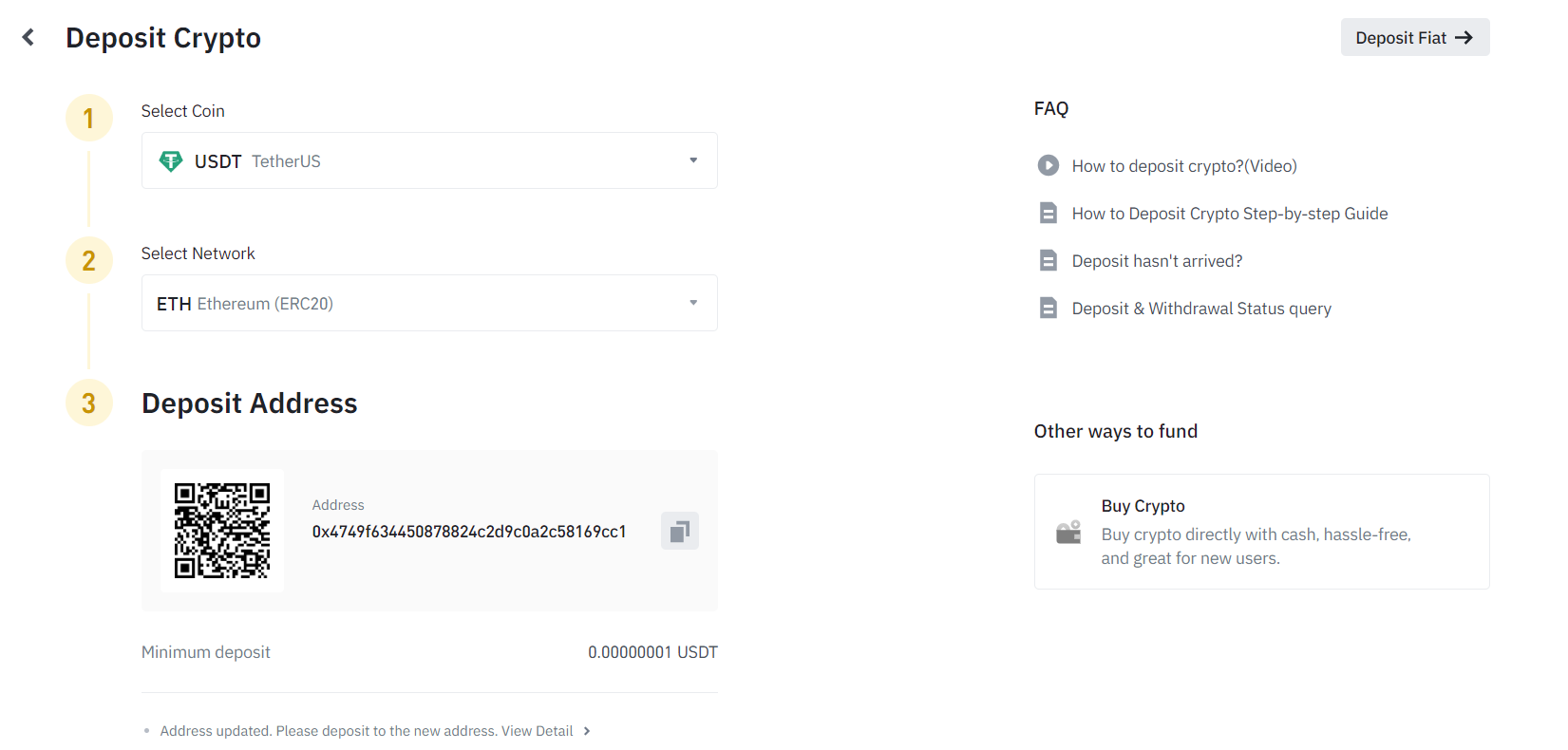 Binance deposit address screen