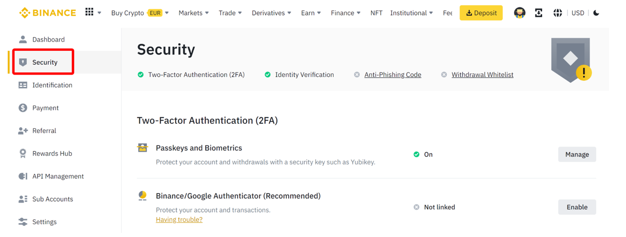 Binance security page