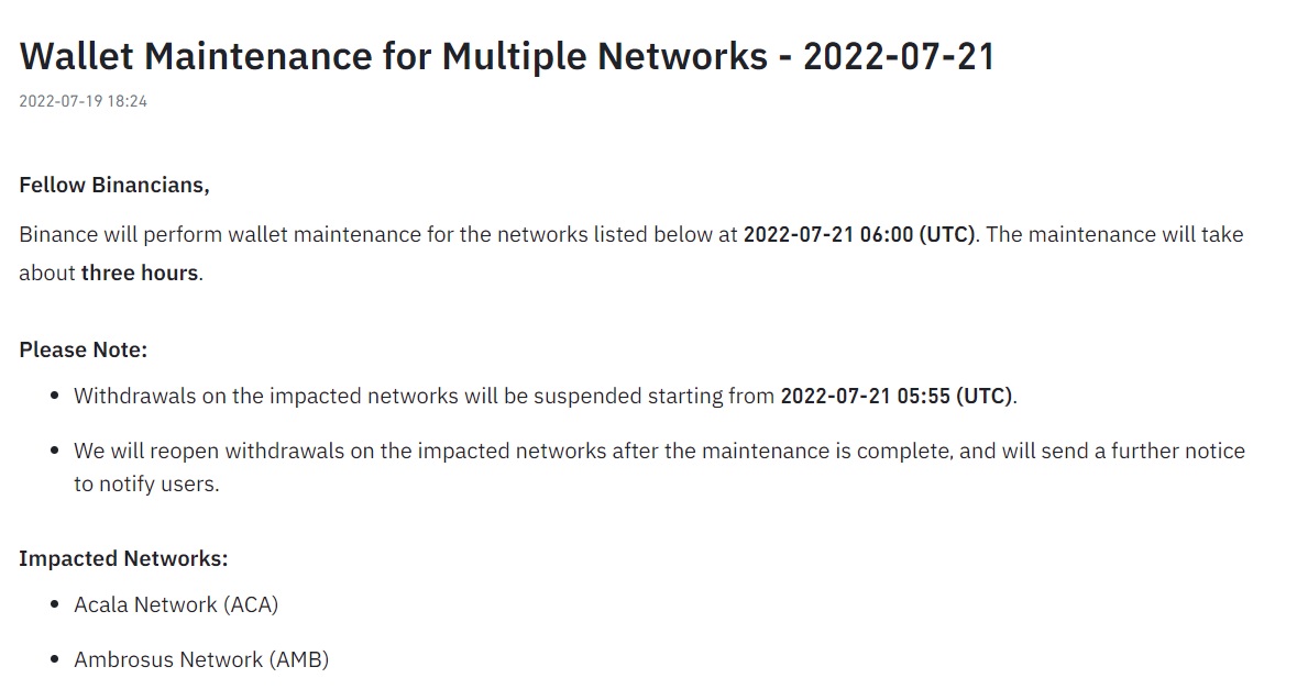 Binance wallet maintenance notification