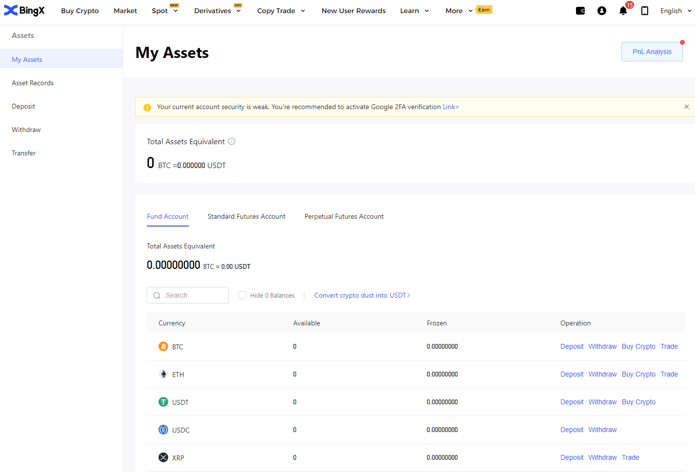 Screenshot of BingX dashboard