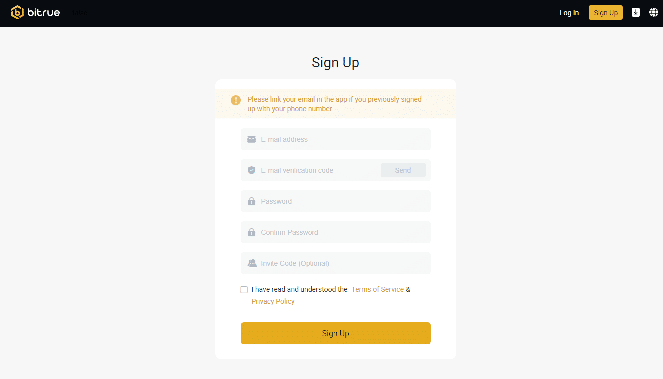 Creating an account with Bitrue