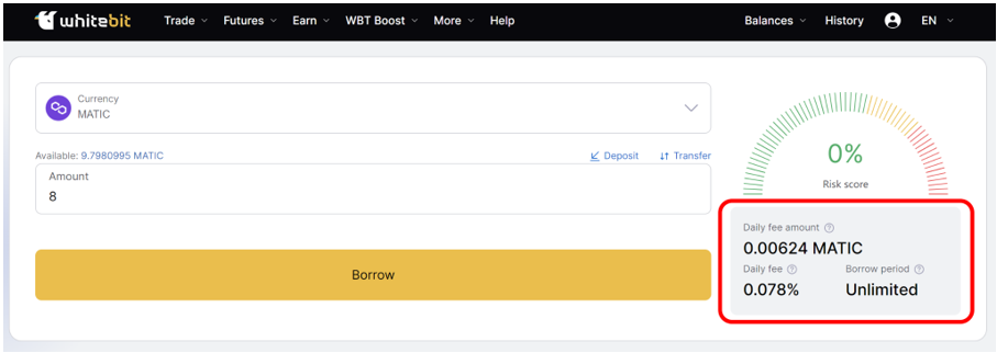 Borrowing MATIC on Whitebit
