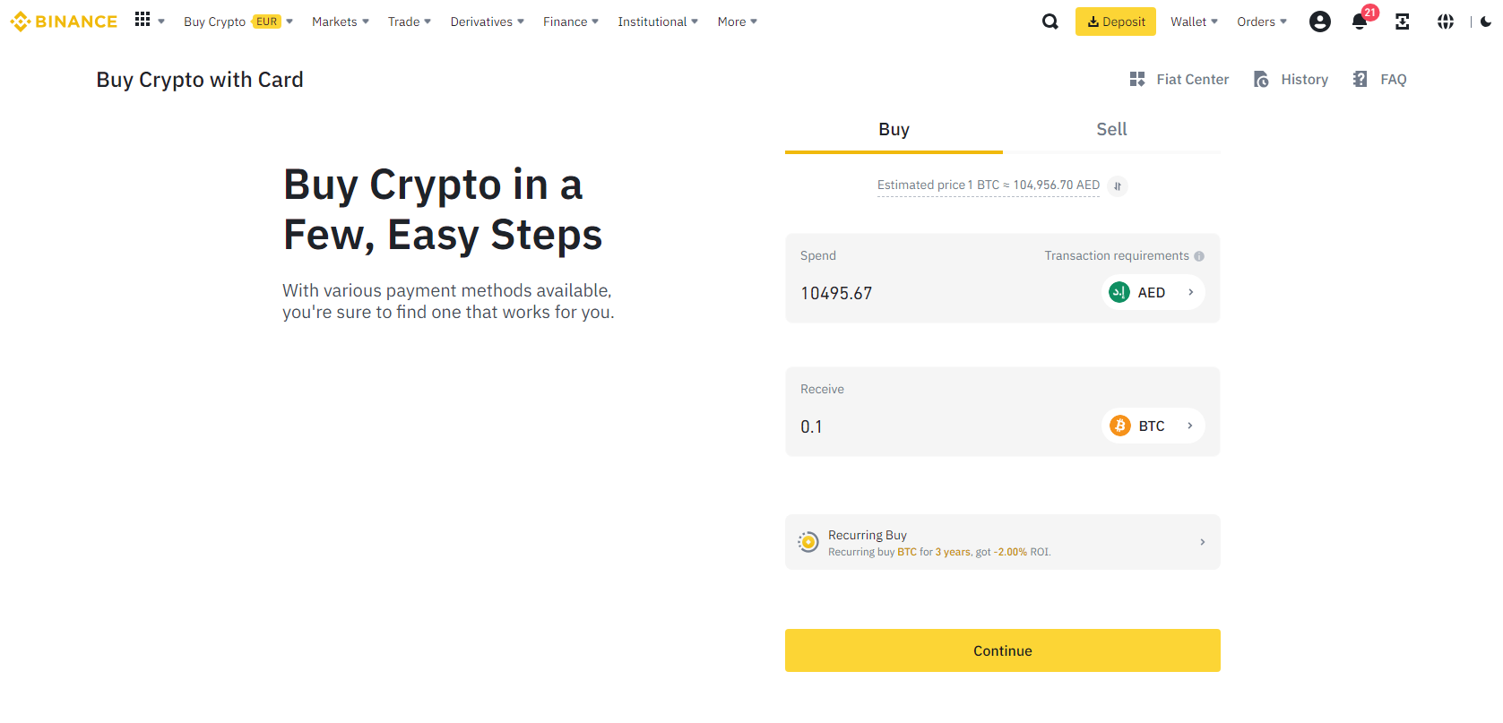 Buying BTC with AED Binance