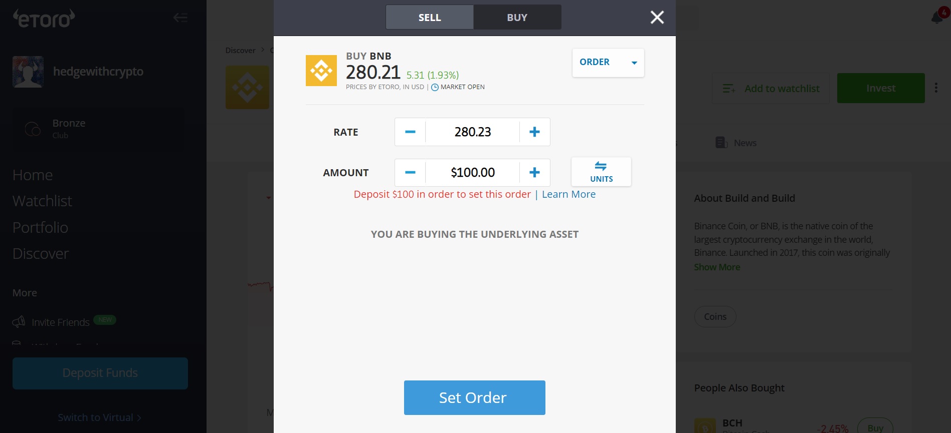 Buying BNB on etoro