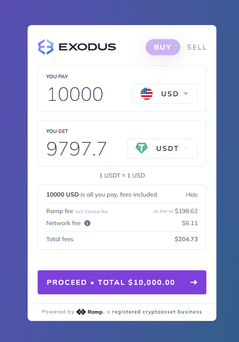 Buying crypto with Exodus wallet