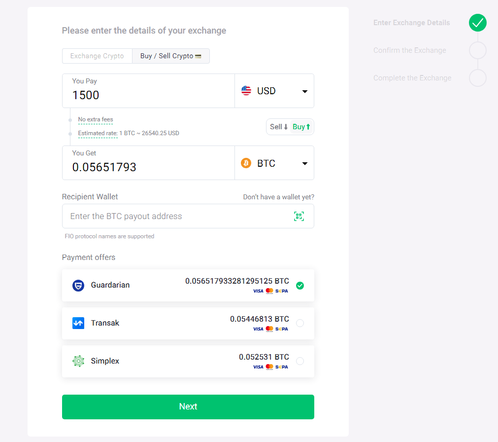 Buying crypto on Changenow