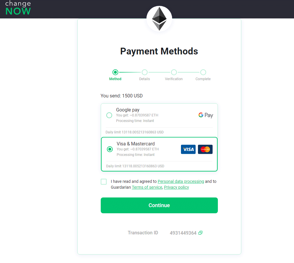 ChangeNOW Crypto Buy order form