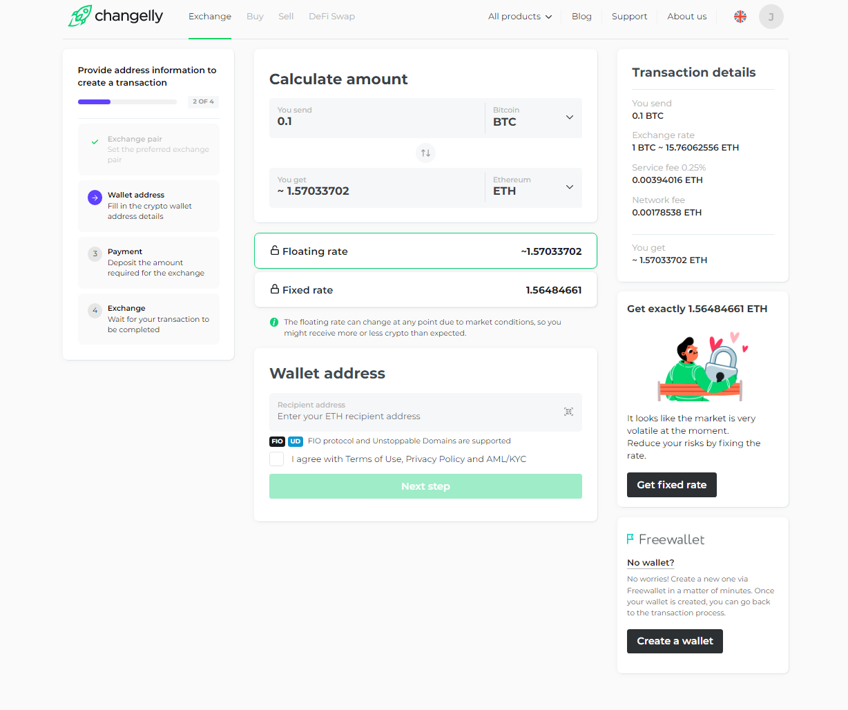 Changelly Crypto Swap Interface