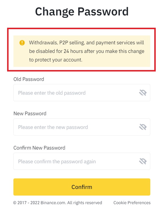 Changing binance password withdrawal warning