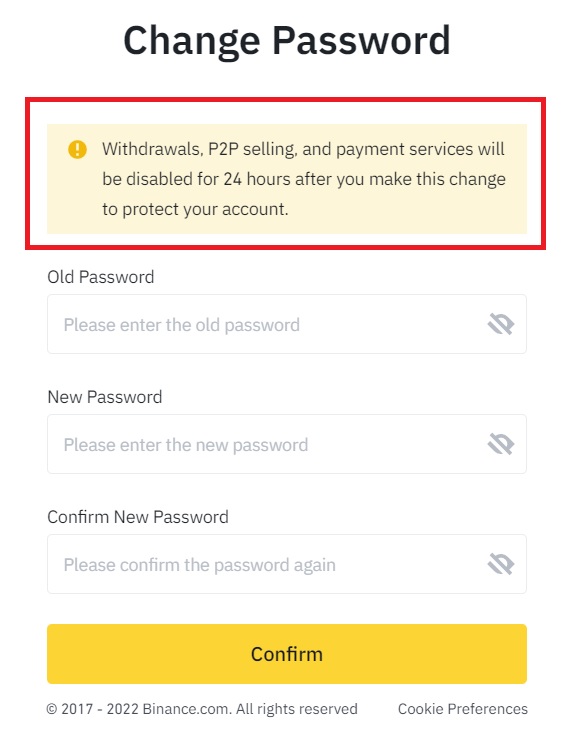 Changing binance password withdrawal warning