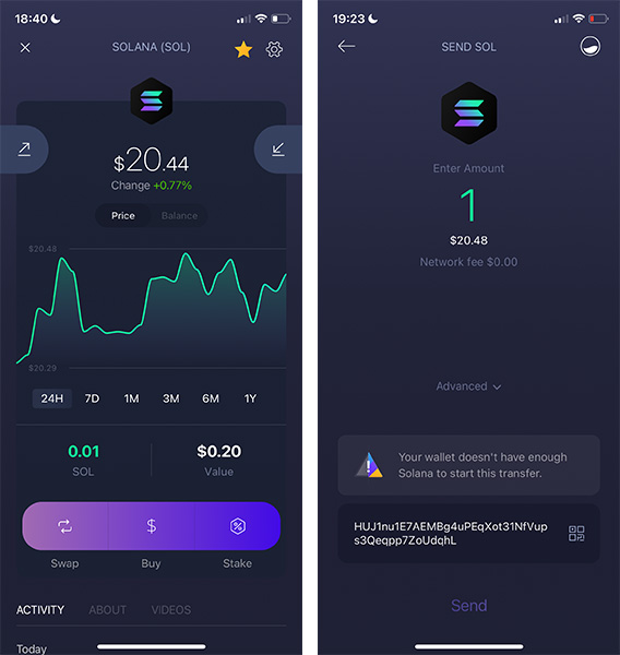 Solana price chart on Exodus App