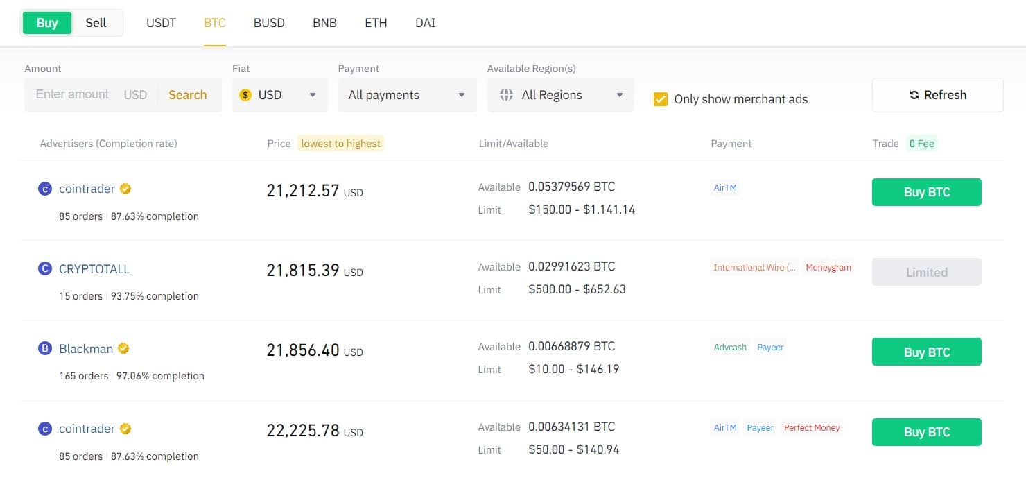 Choosing a seller on Binance P2P