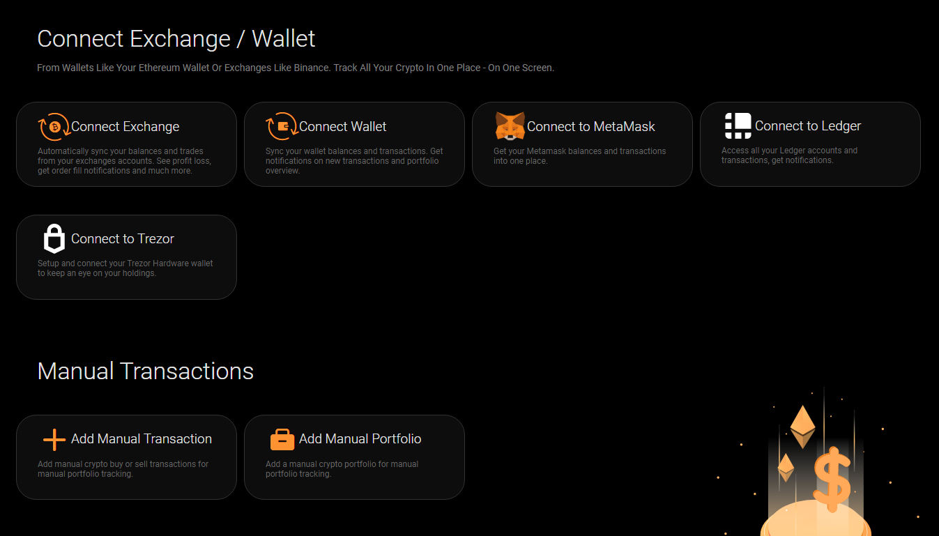 Choosing to connect an exchange or wallet to coinstats