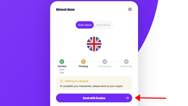 Click Send with Exodus to complete cash withdraw