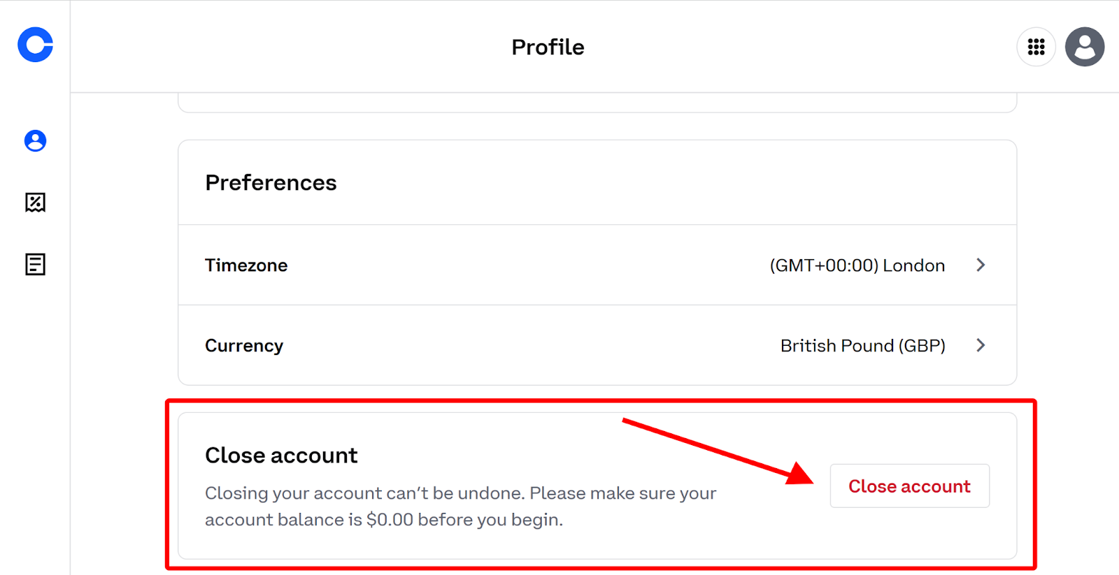 Click to close the Coinbase account