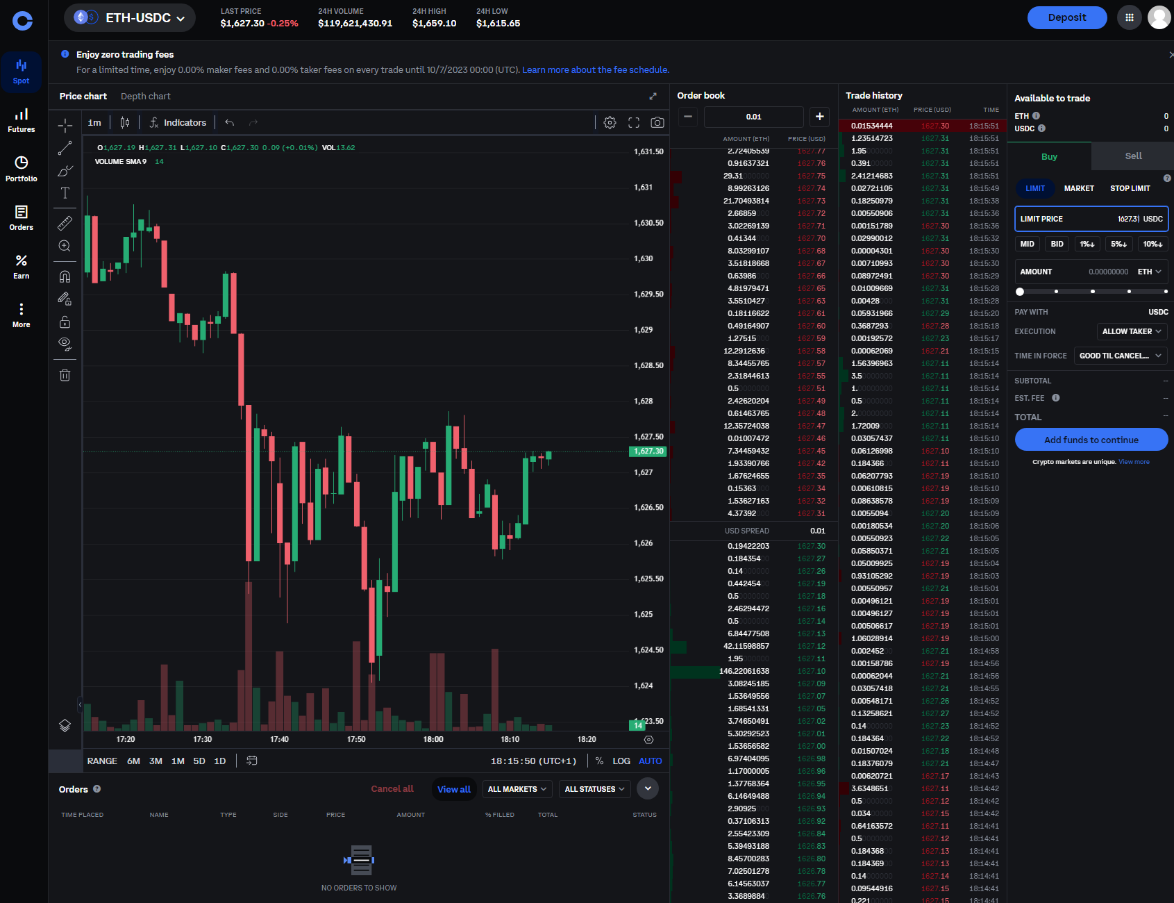 Coinbase ETH USDC Trading Interface screenshot