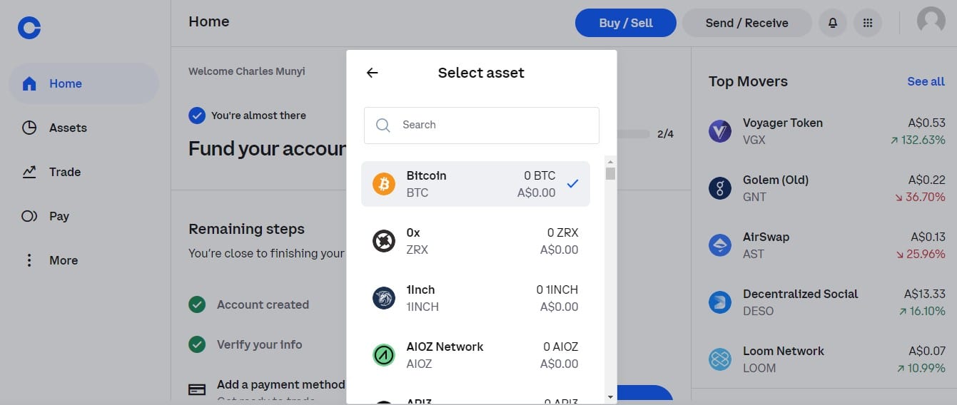 Selecting the coin to send with Coinbsae