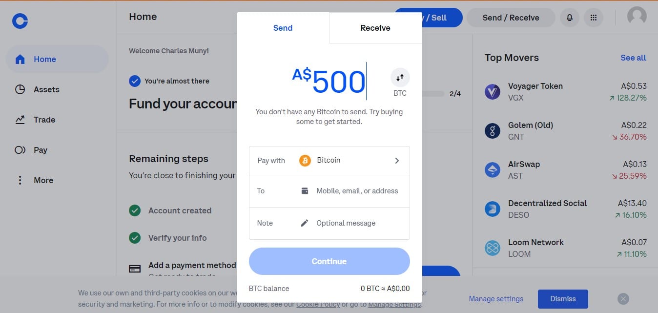 Sending Bitcoin on Coinbase