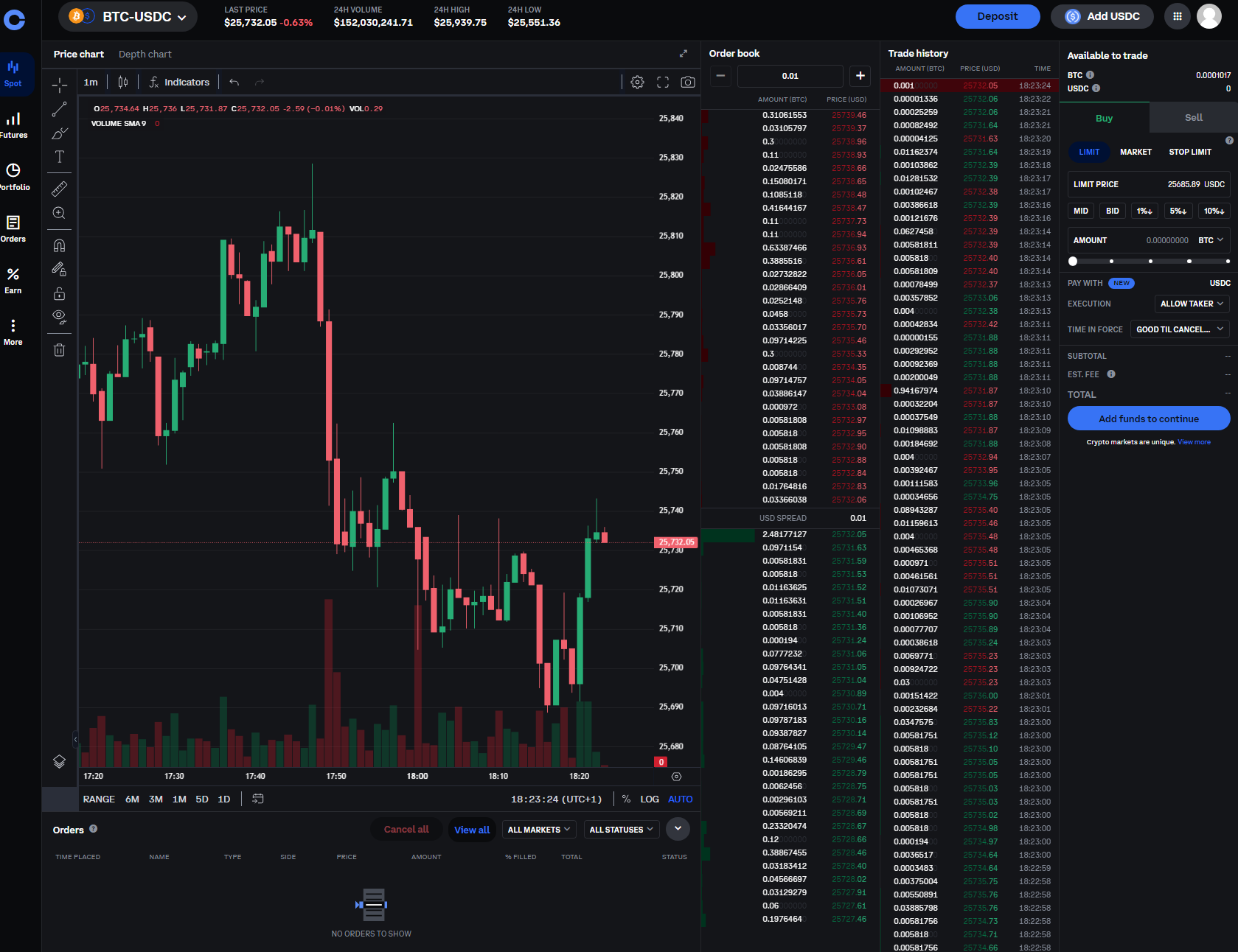 Coinbase Trading Interface BTC USDC