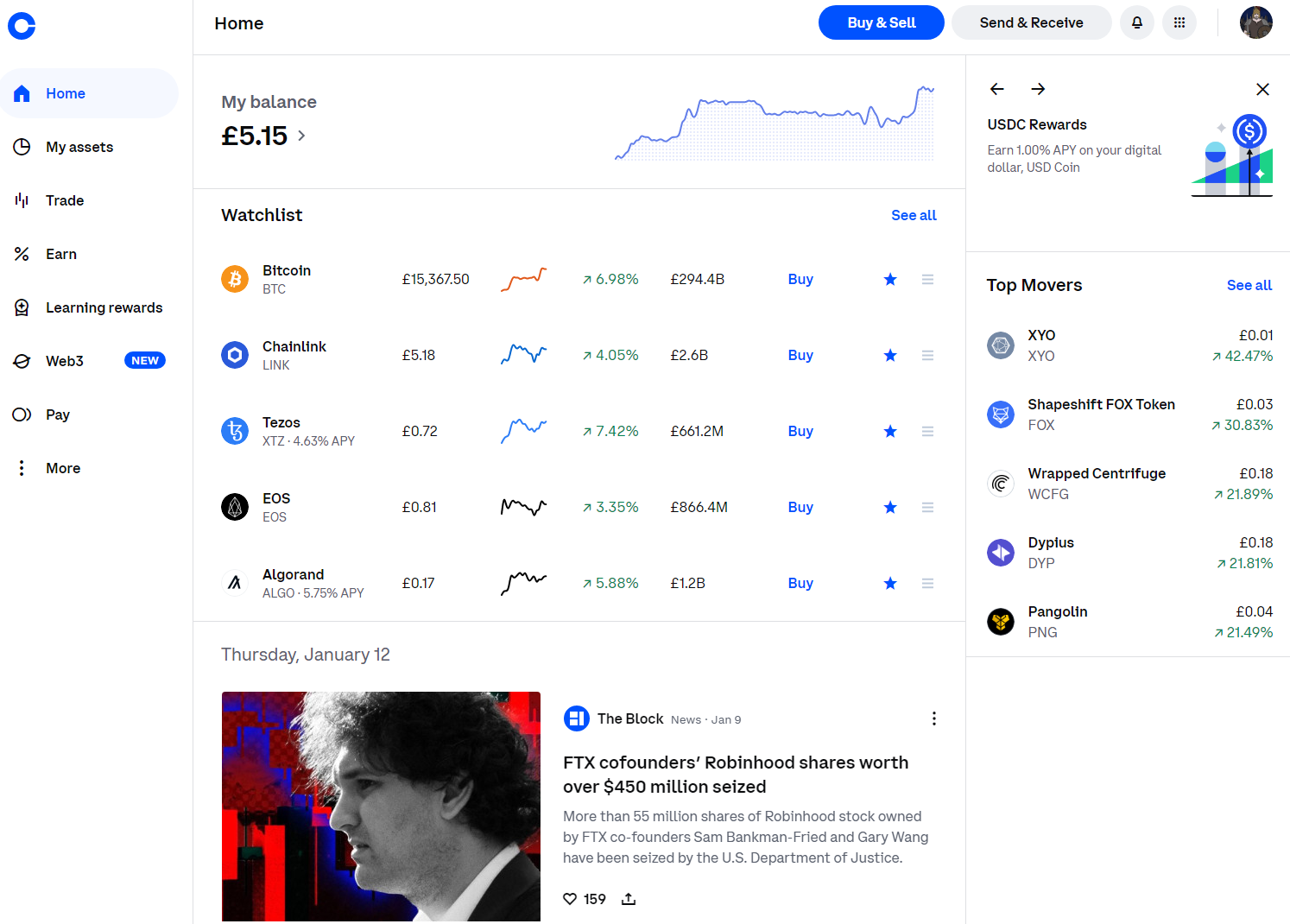 Coinbase account homepage