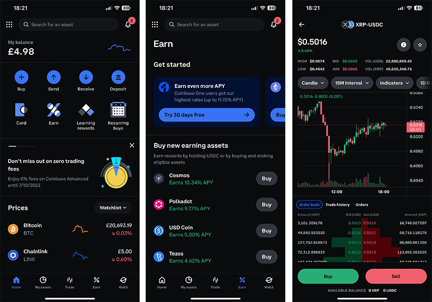 Coinbase app screenshots