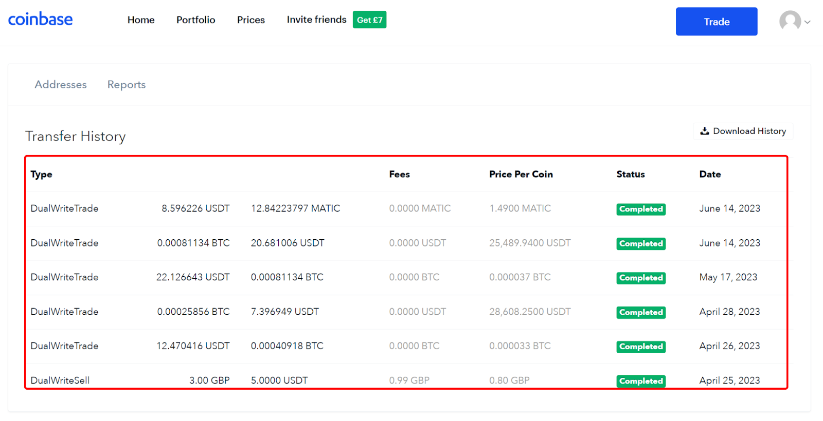 Coinbase transfer history