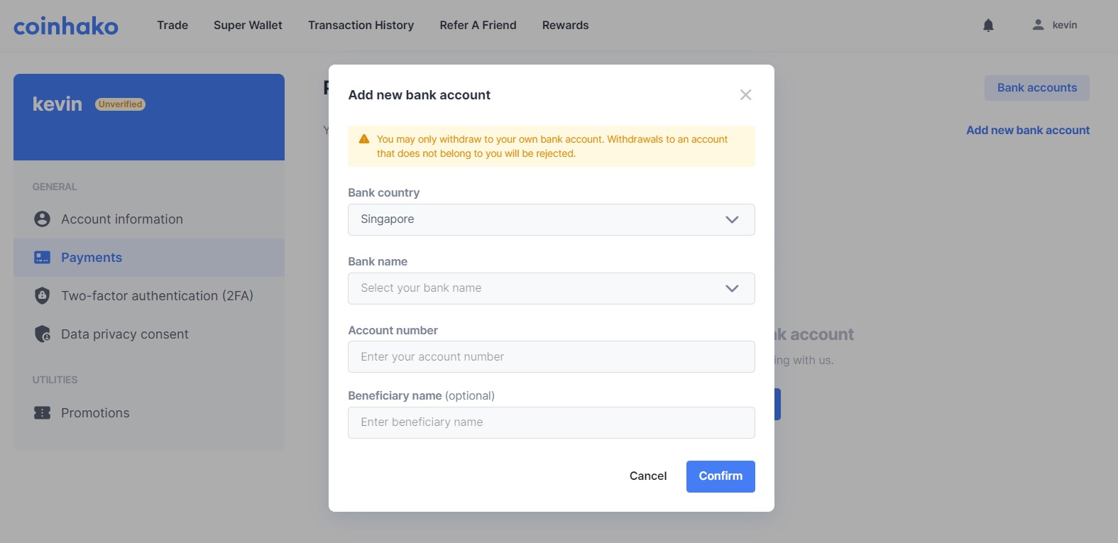 Coinhako adding a bank account