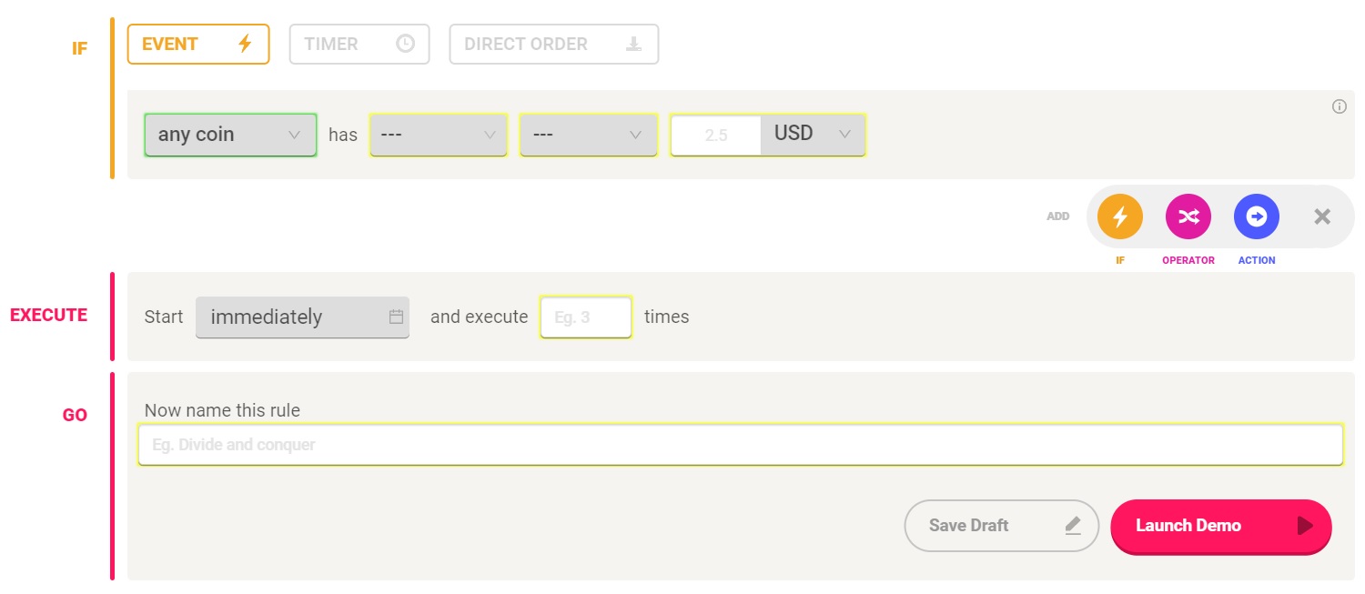 Coinrule interface to create trading rules