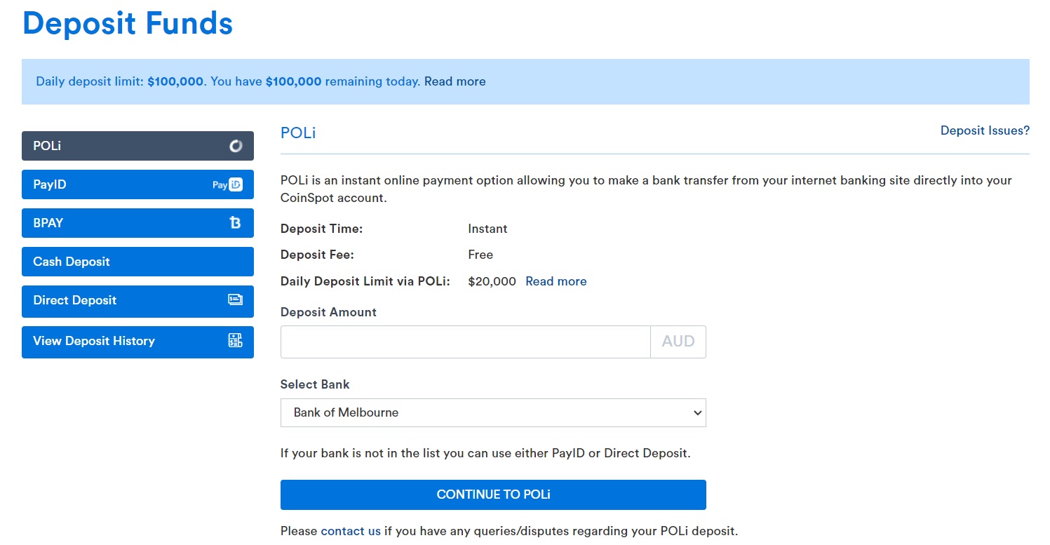 AUD deposit methods on Coinspot