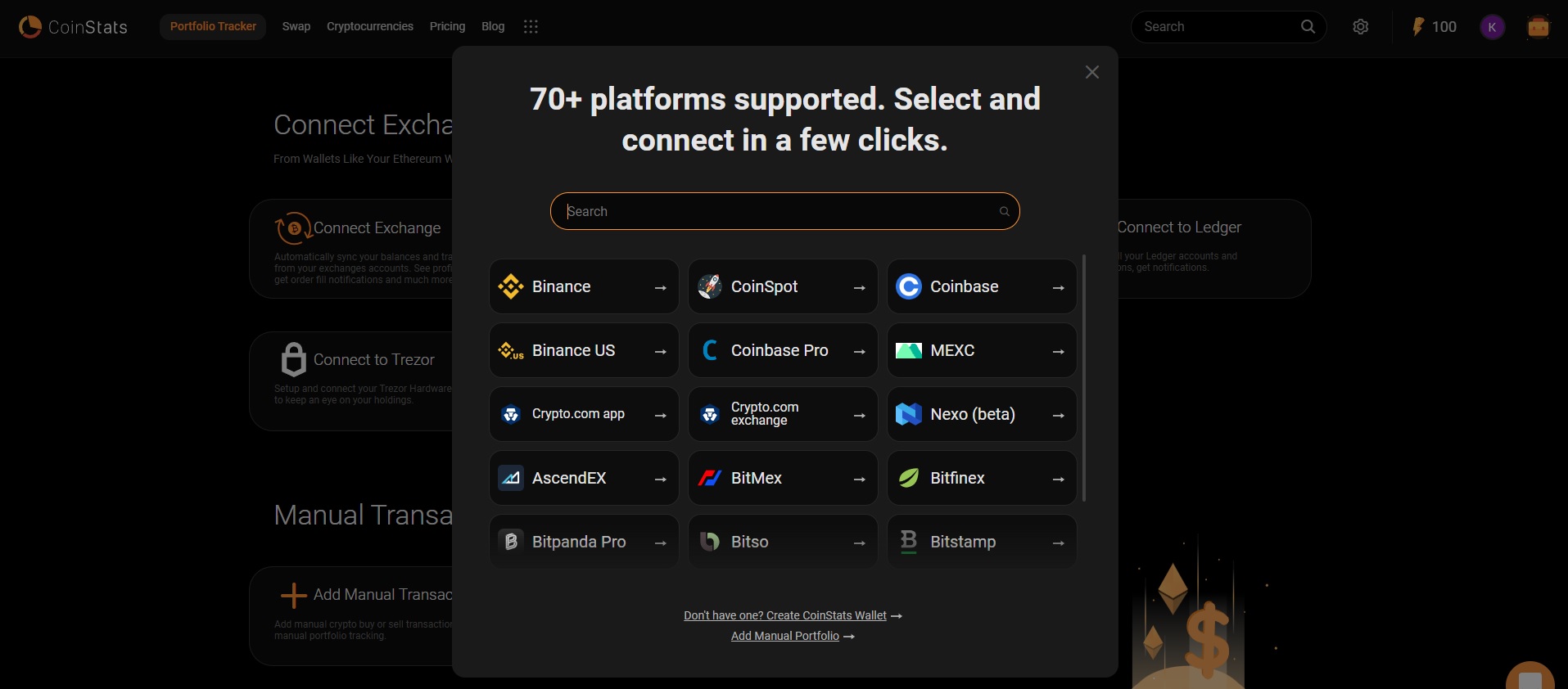 Supported exchanges and wallets on Coinstats