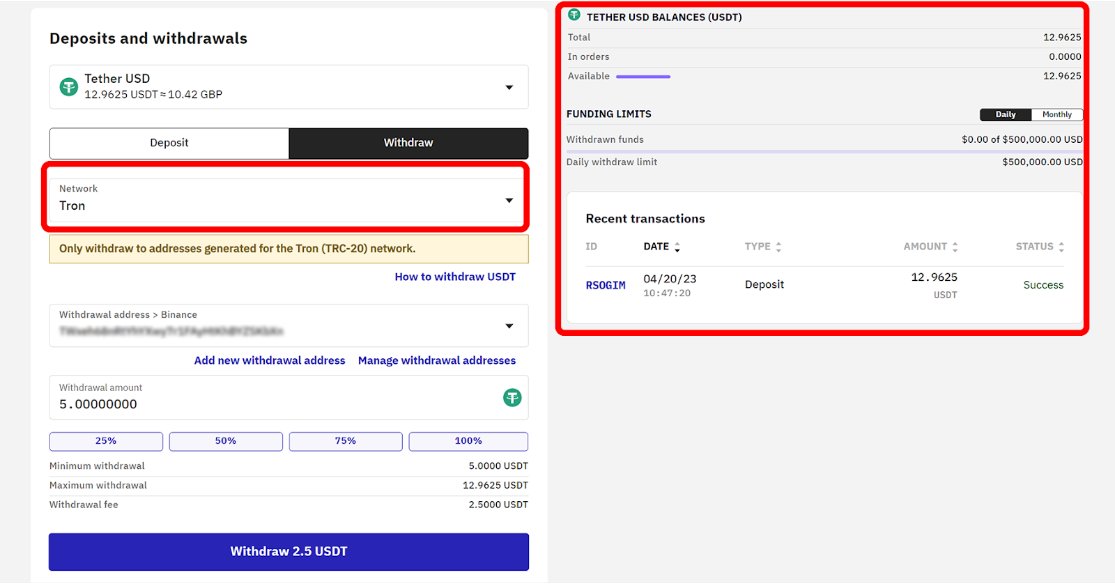 Confirming the details to transfer from Kraken to Binance