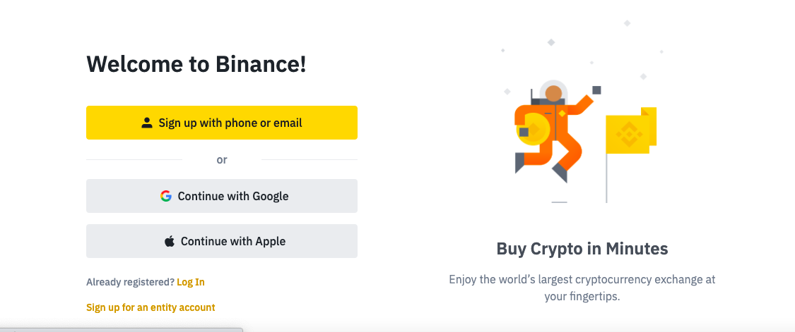 Creating an account with Binance