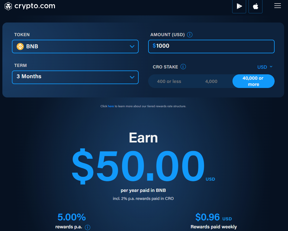 Staking rewards for Binance Coin on Crypto.com App