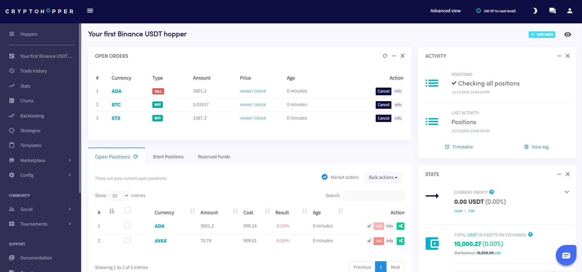 Cryptohopper automated bot dashboard