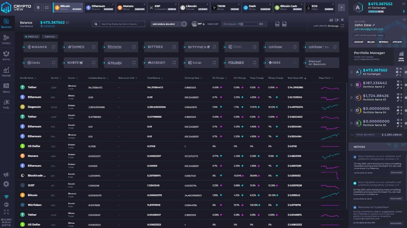 Cryptoview portfolio and asset list