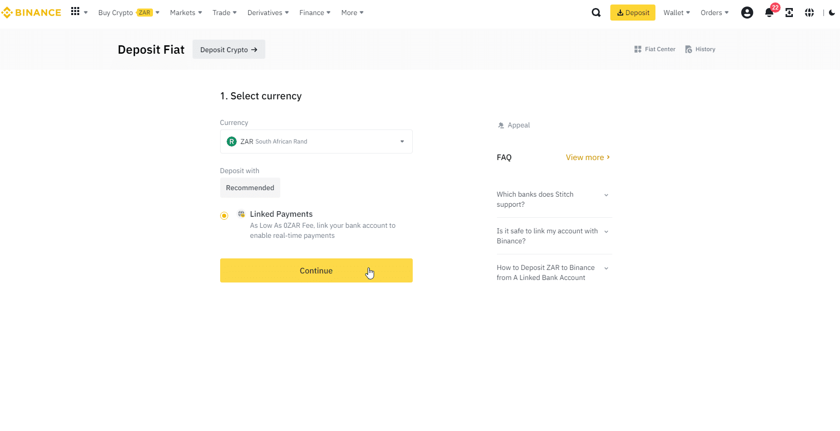 Depositing ZAR onto Binance