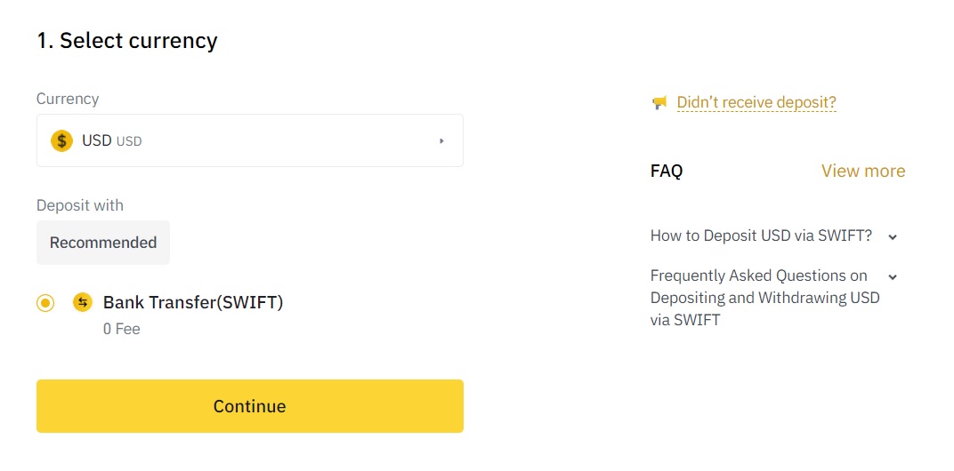 Depositing funds to Binance with bank transfer