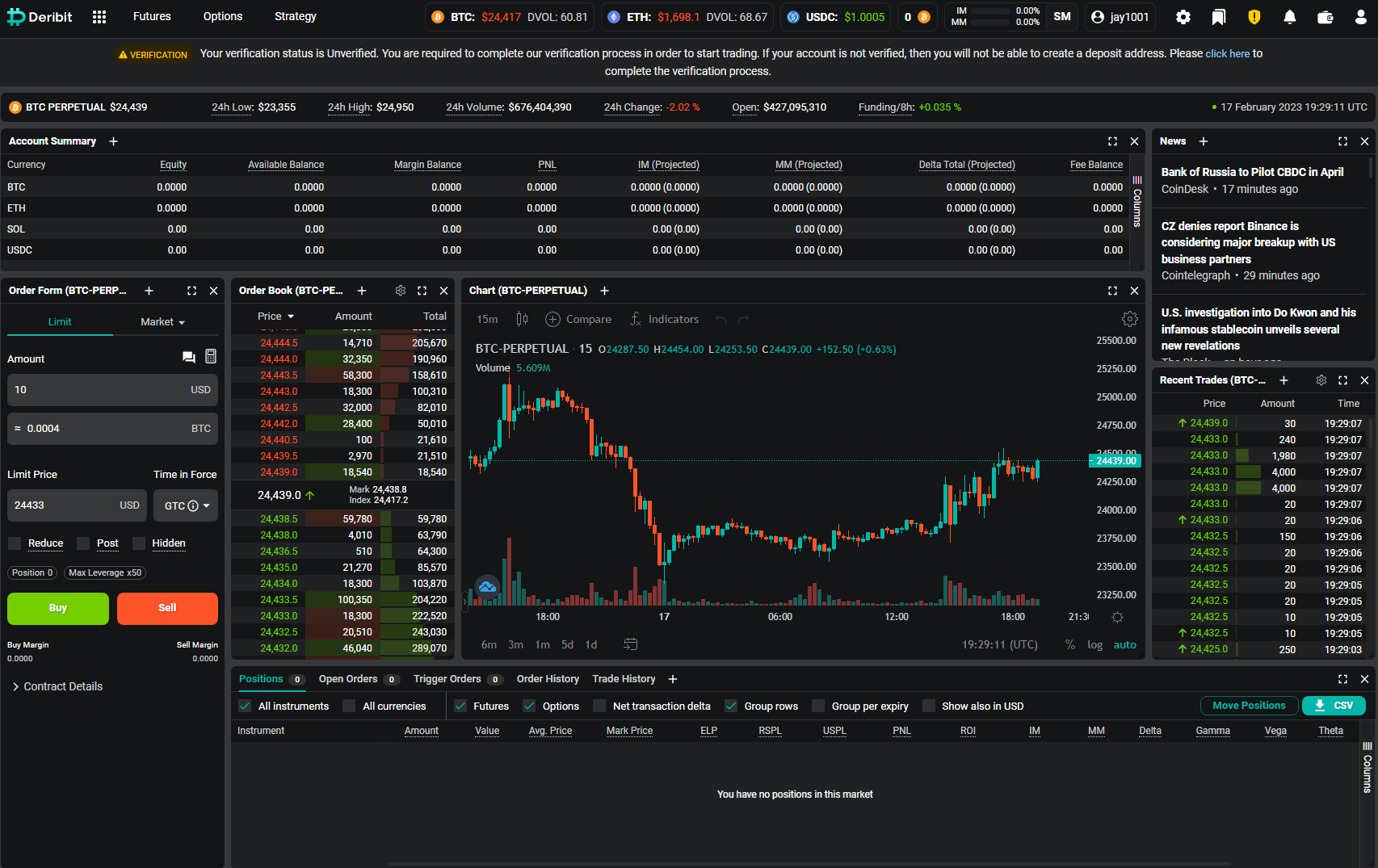 Deribit trading interface