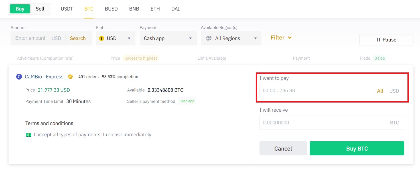 Enter amount of BTC to buy with Cash App on Binance P2P